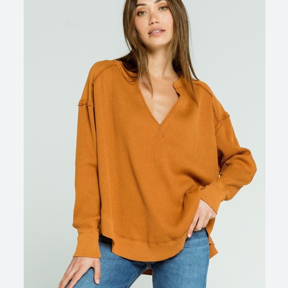 We The Free Caramel V-Neck Waffle Knit Oversized Top Size XSmall